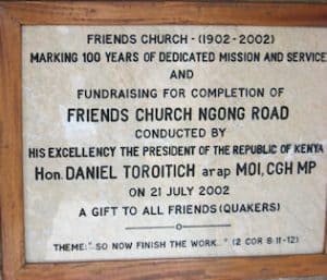 Plaque acknowledging former President, Daniel arap Moi's contribution to the Friends Church in Nairobi, Photo: Susan Addison