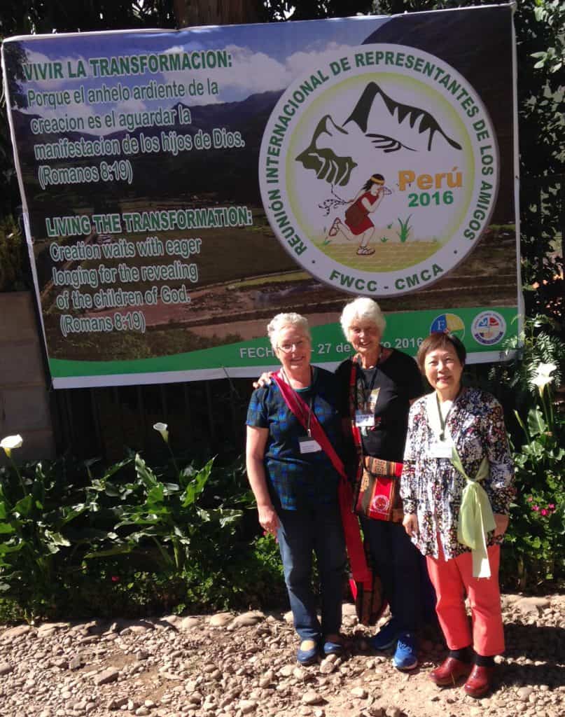 Jo Jordan, Patricia Macgregor and Taisoo Kim Watson at FWCC World Plenary at Pisac, Peru.